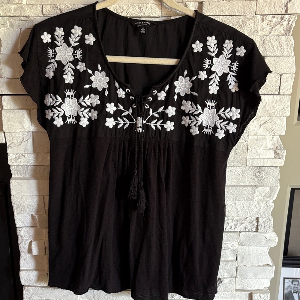 Lucky Brand Black Top with White Embroidery